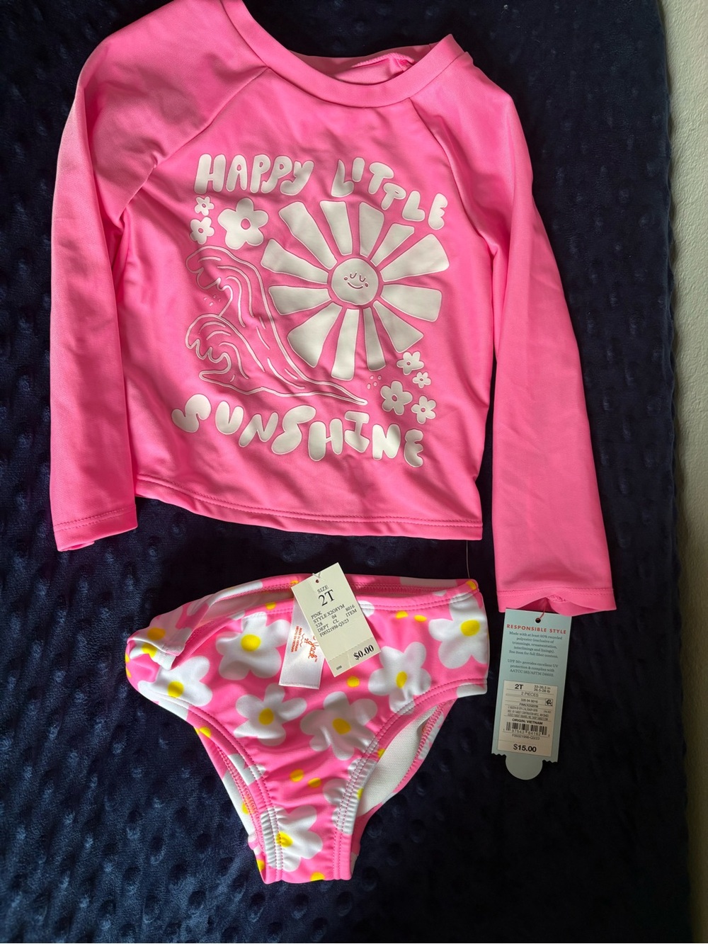 Cat & Jack Pink 'Happy Little Sunshine' Rashguard Set with Daisy Bottoms 2T